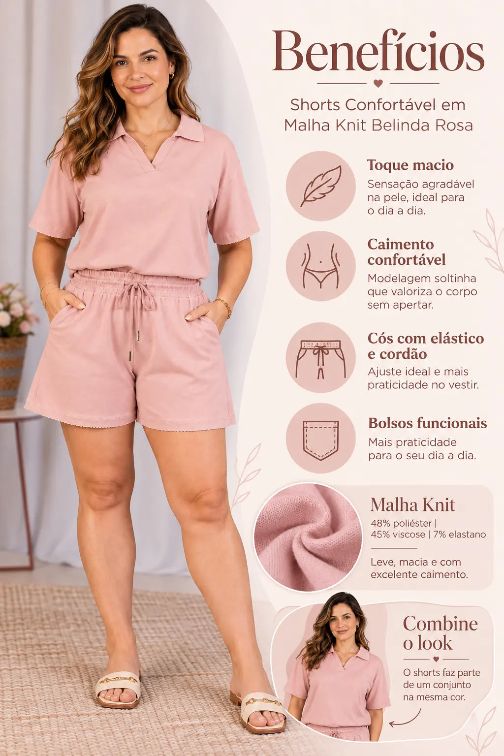 Shorts Confortável em Malha Knit Belinda Rosa