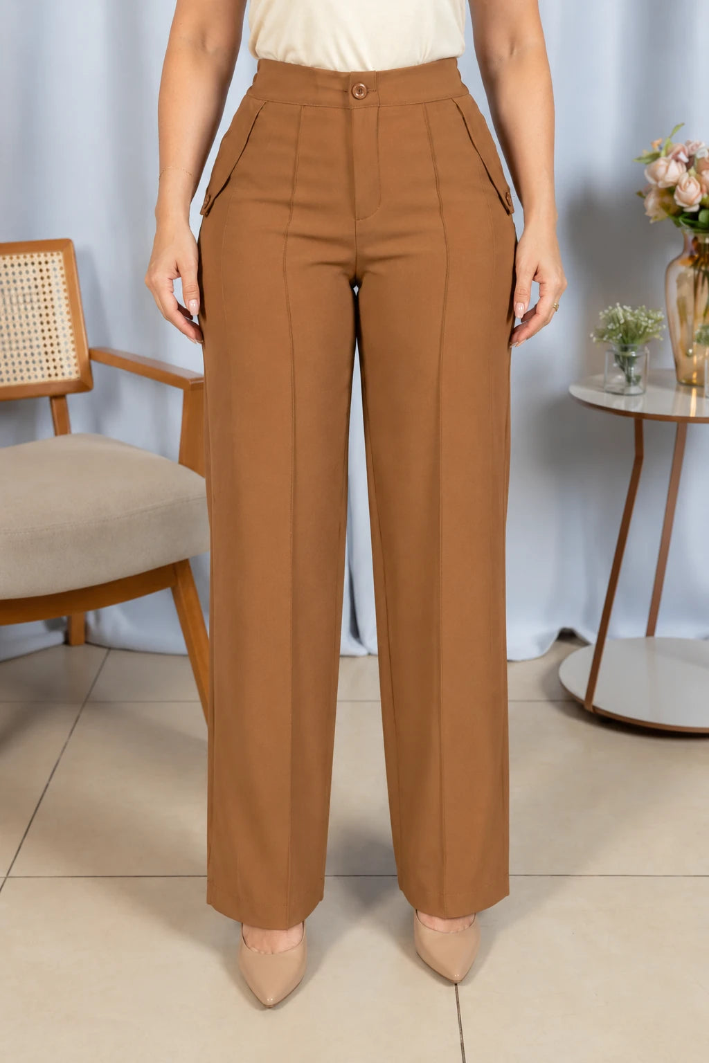 Calça Pantalona Confortável Cós com Elástico Simone Caramelo - adicional 5