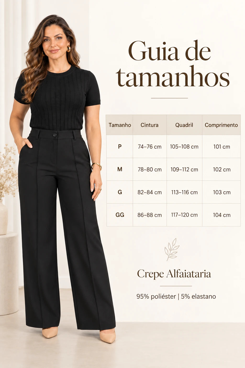 Calça Alfaiataria Corte Reto Friso Joyce Preta - tabela de medidas