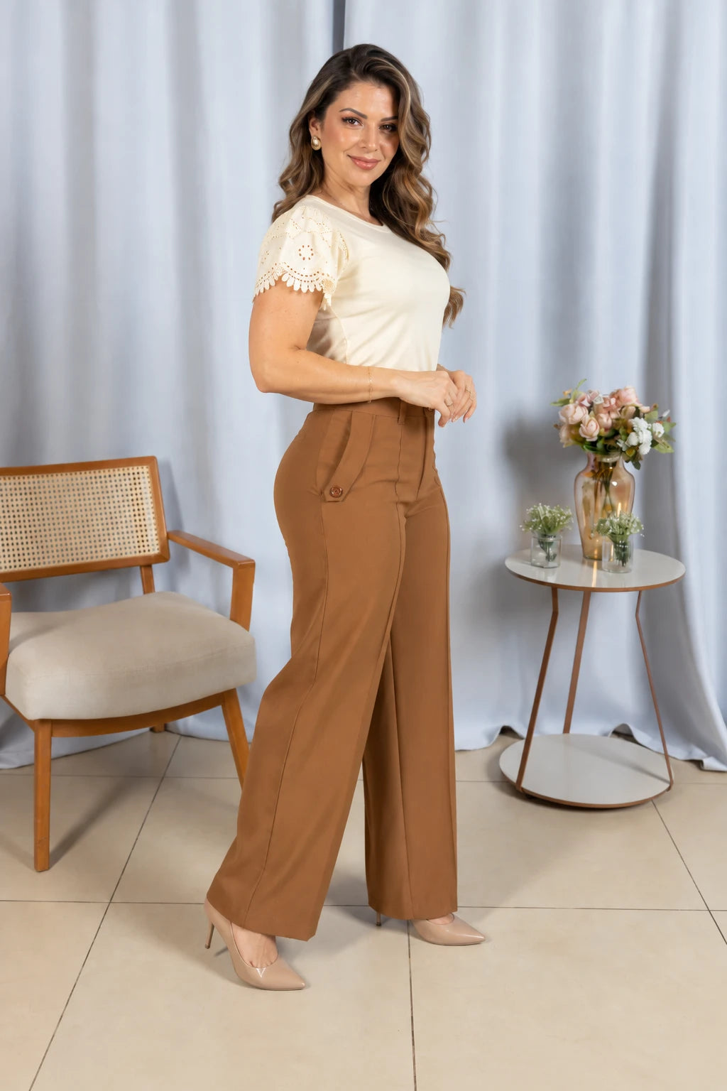 Calça Pantalona Confortável Cós com Elástico Simone Caramelo - adicional 1