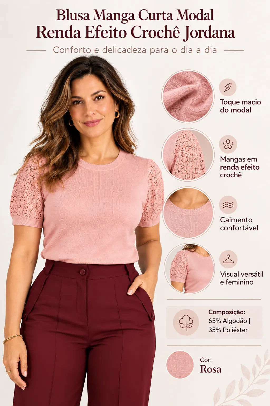 Blusa Manga Curta Modal Renda Efeito Crochê Jordana Rosa