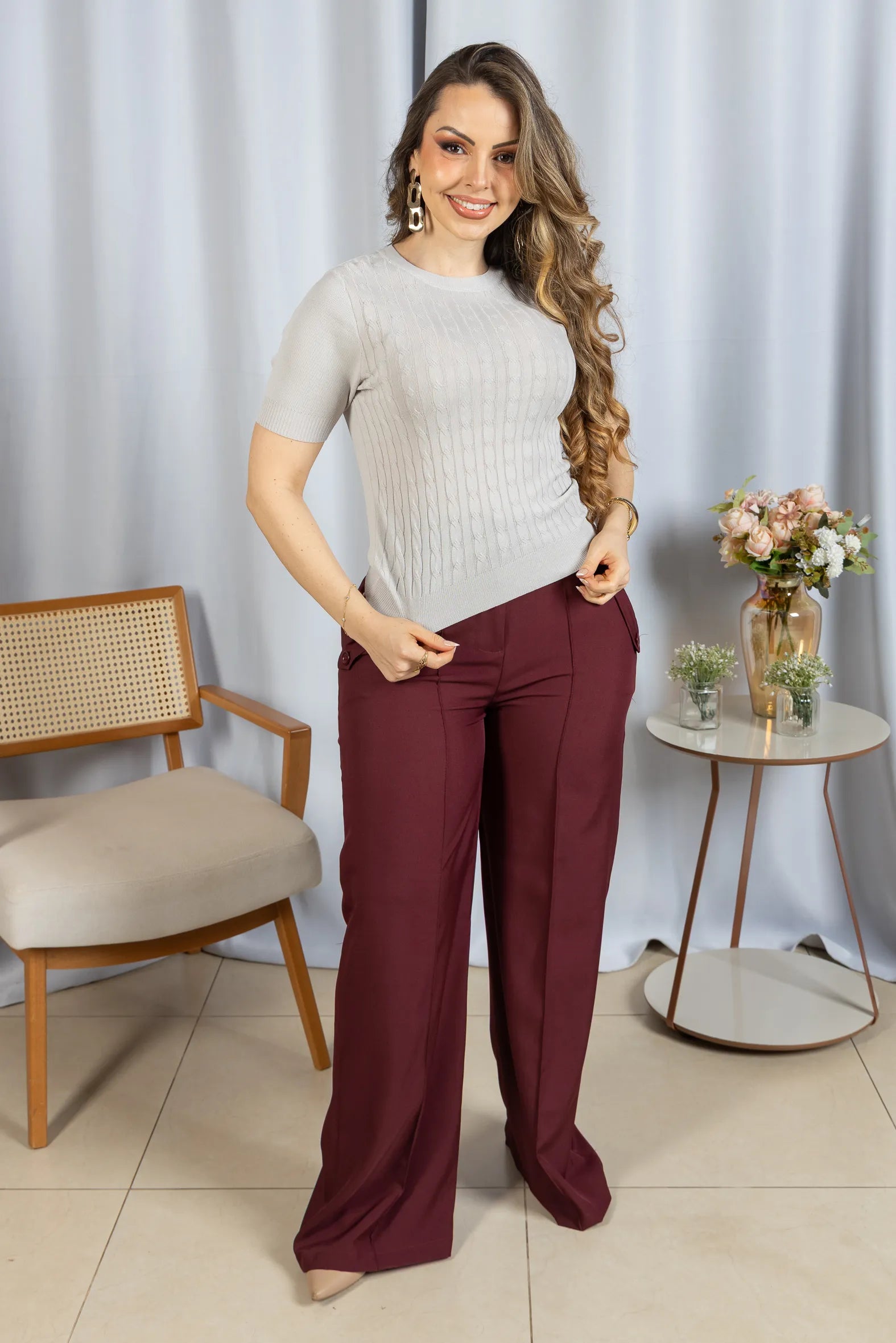 Blusa Manga Curta em Modal Canelado Tatiane Cinza - frente