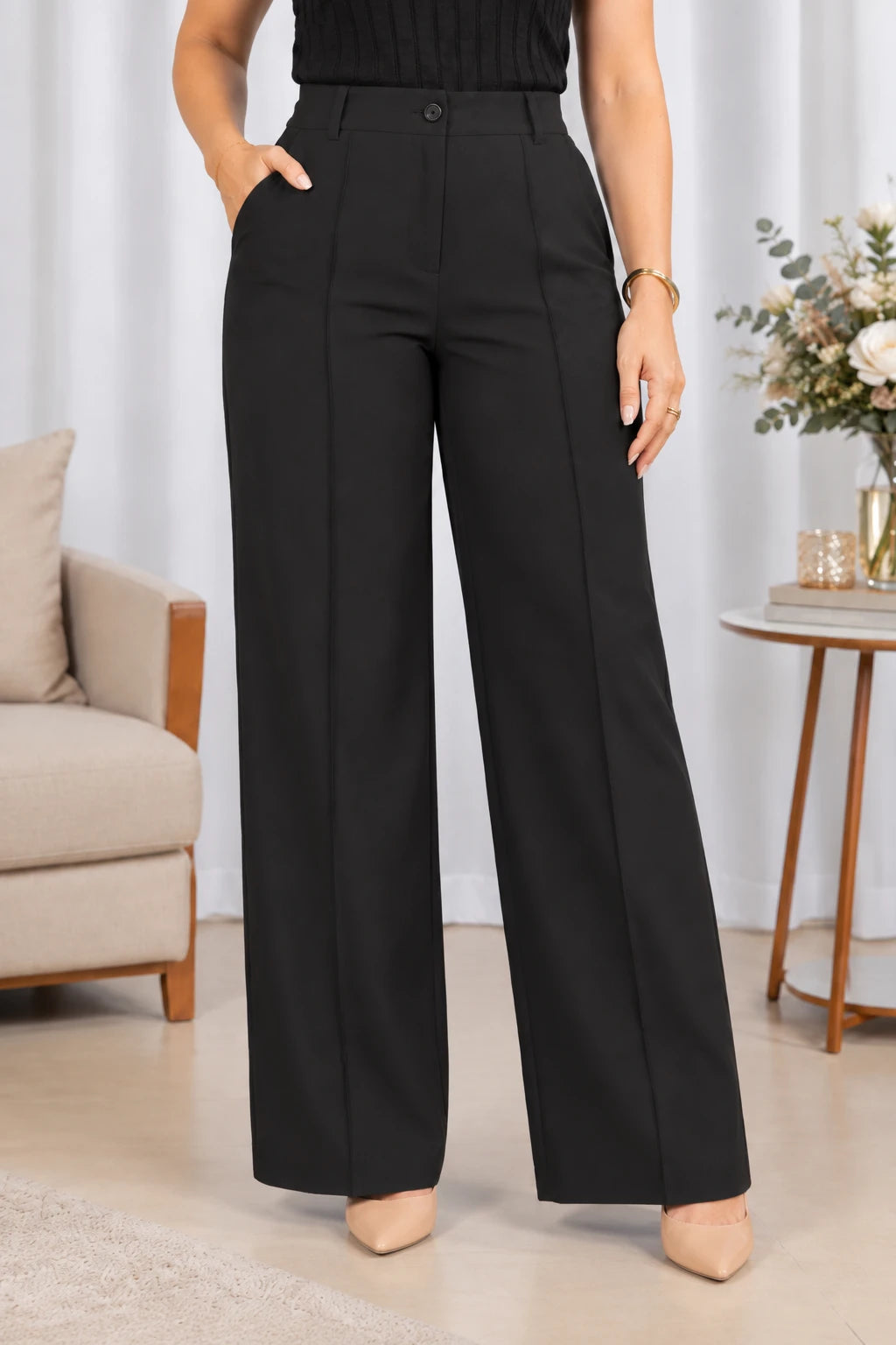 Calça Alfaiataria Corte Reto Friso Joyce Preta - adicional 4