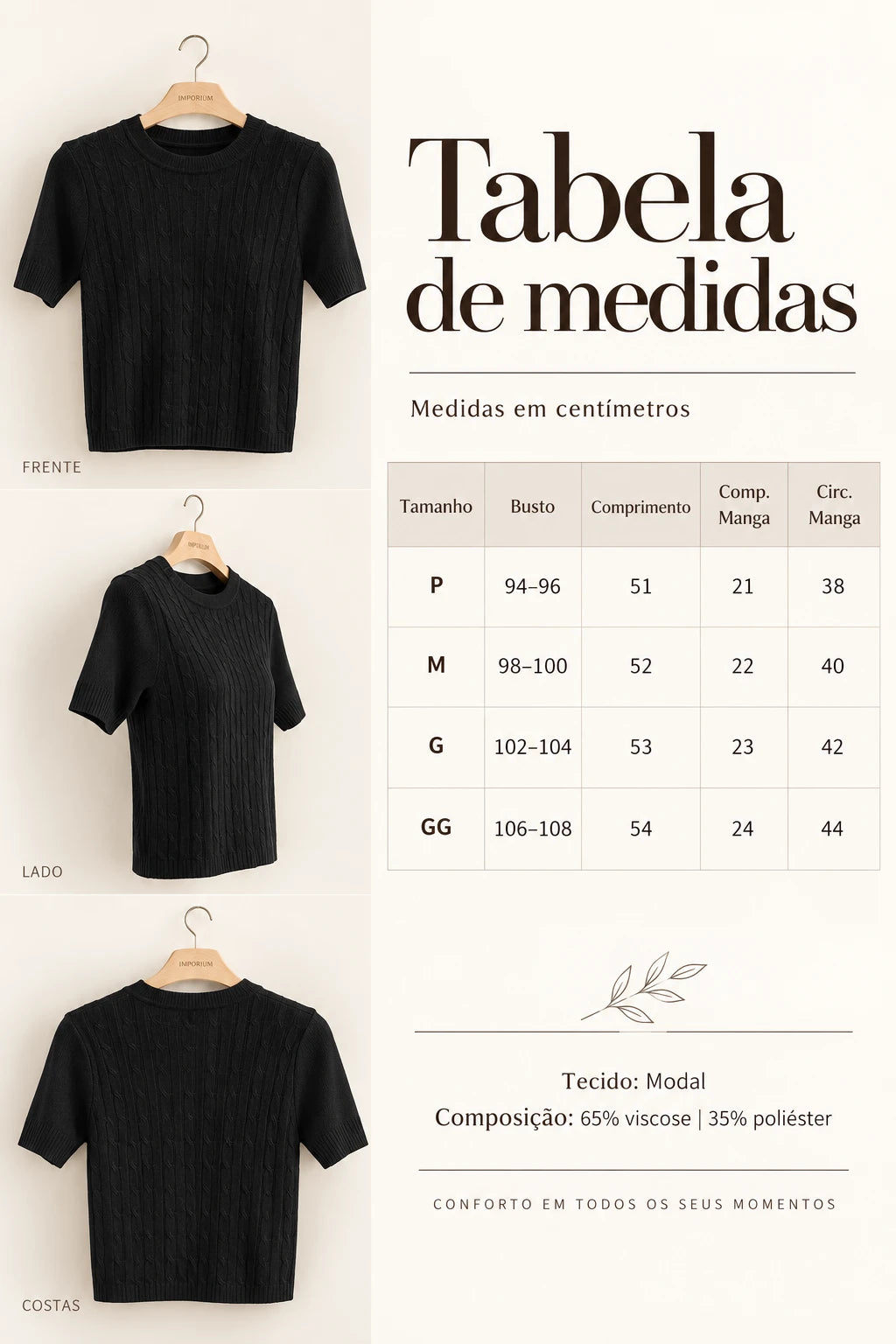 Blusa Manga Curta em Modal Canelado Tatiane Preta - frente