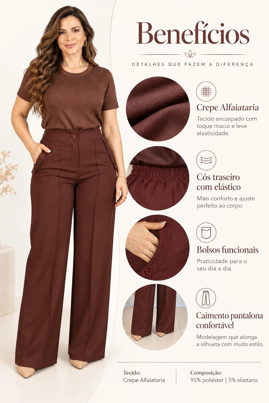 Calça Pantalona Confortável Cós com Elástico Simone Marrom - costas