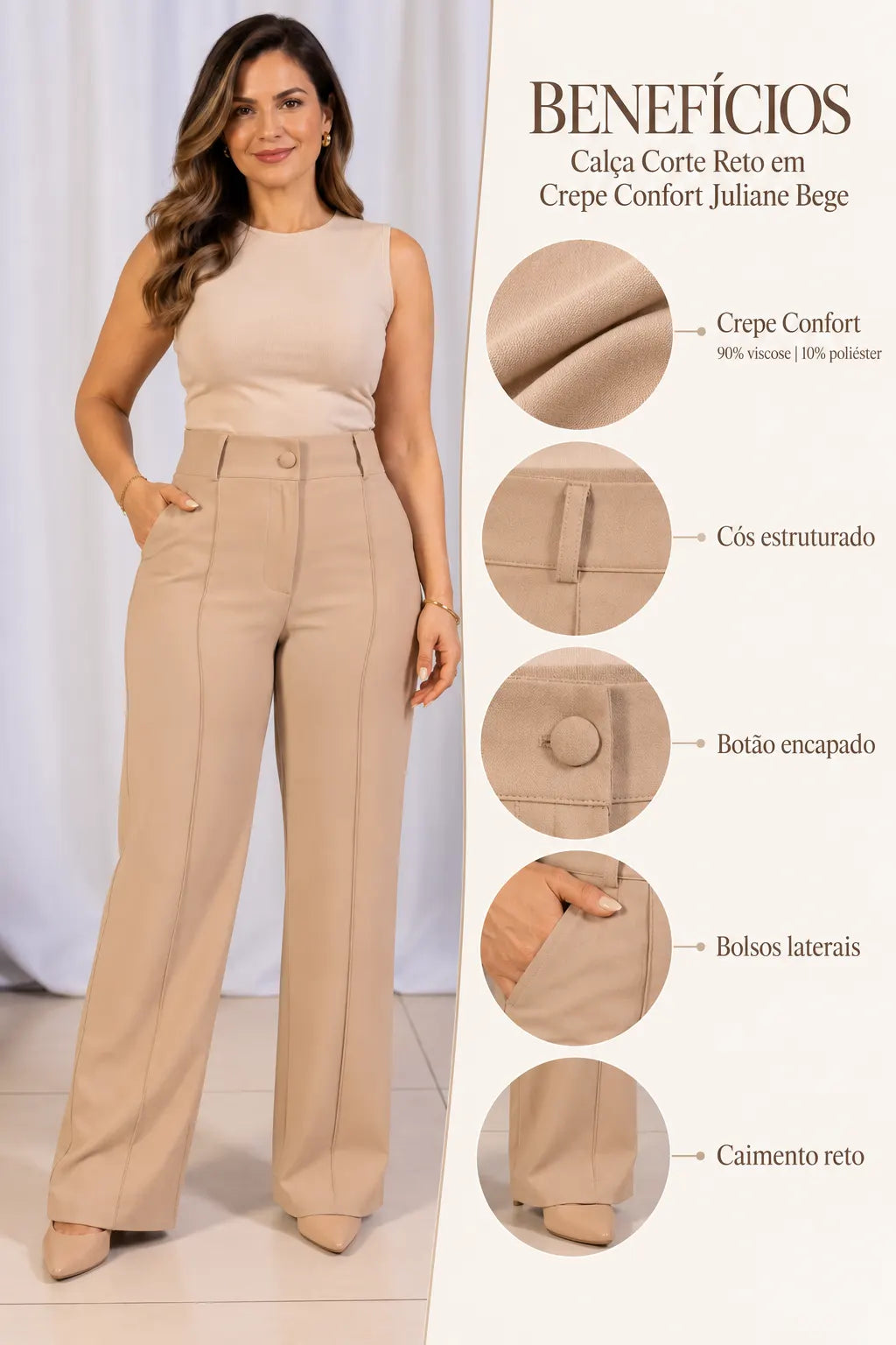 Calça Corte Reto em Crepe Confort Juliane Bege