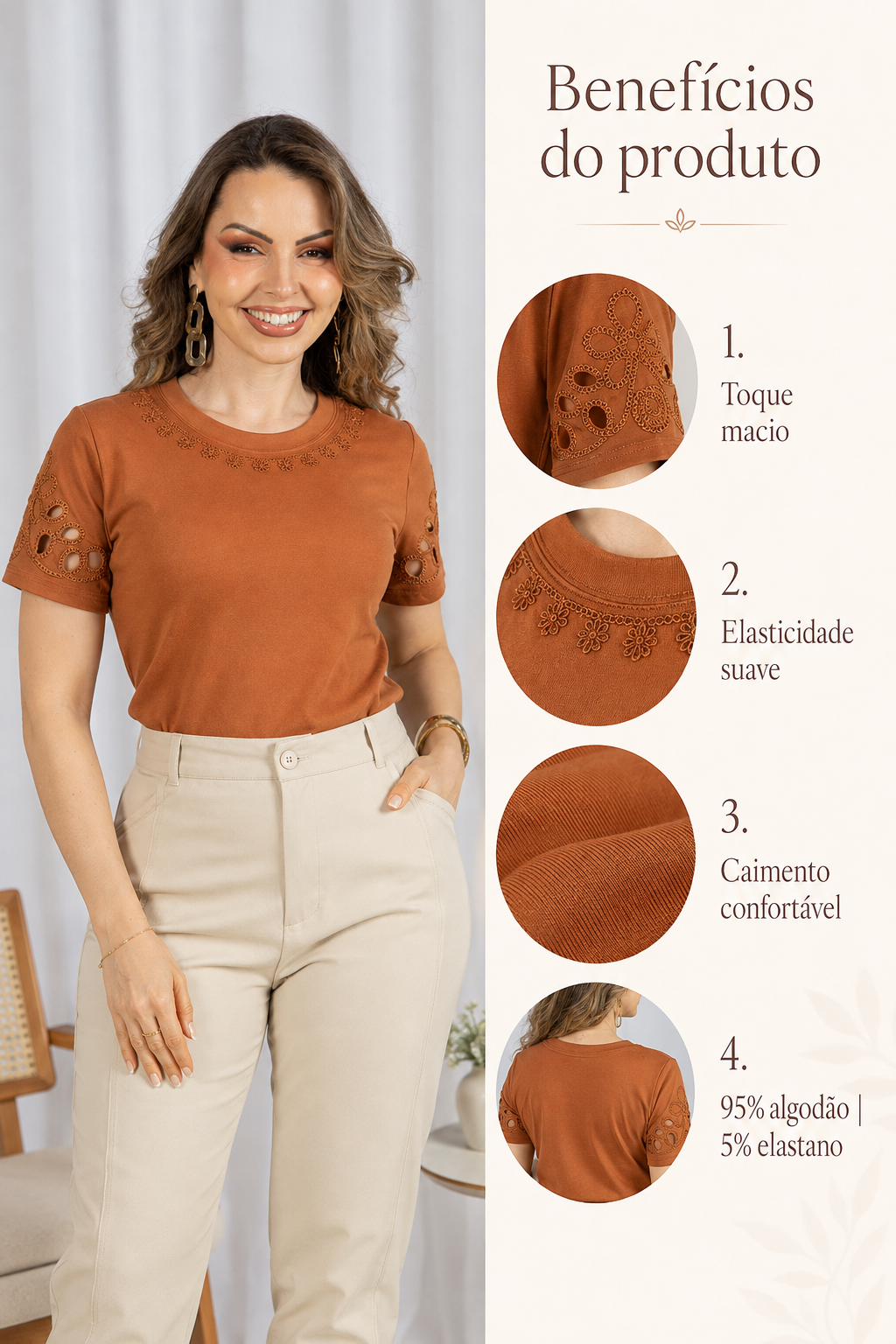 Blusa Confortável em Cotton Lycra com Manga Vazada Paula Marrom - adicional 4