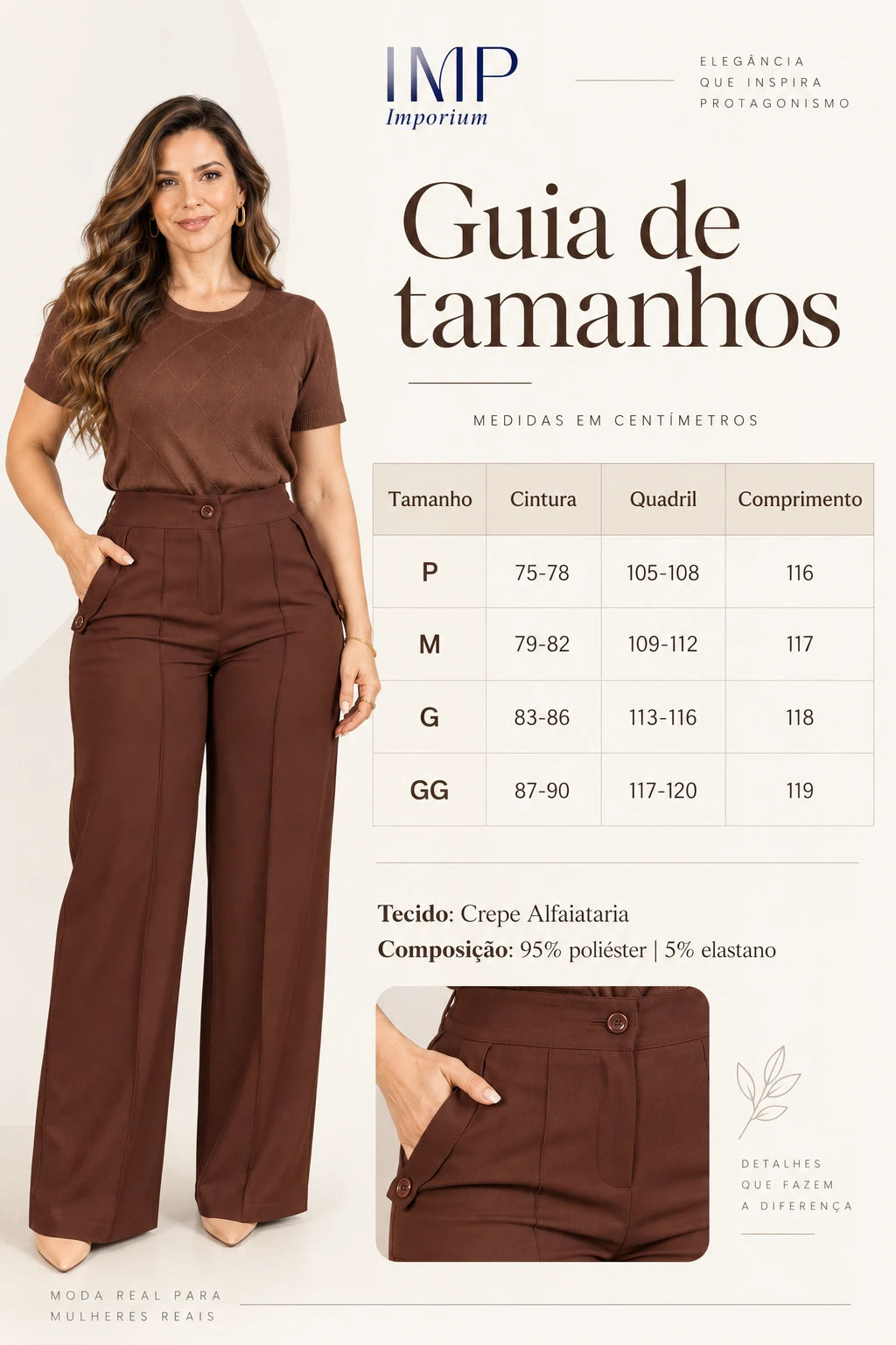 Calça Pantalona Confortável Cós com Elástico Simone Marrom - frente