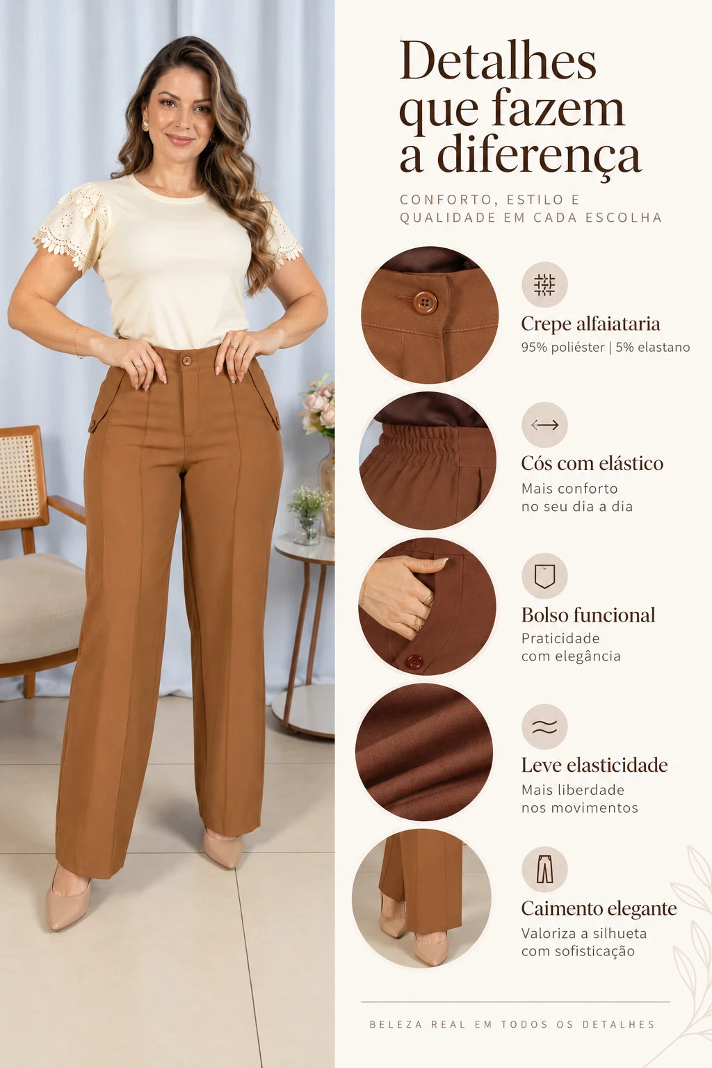 Calça Pantalona Confortável Cós com Elástico Simone Caramelo - benefícios