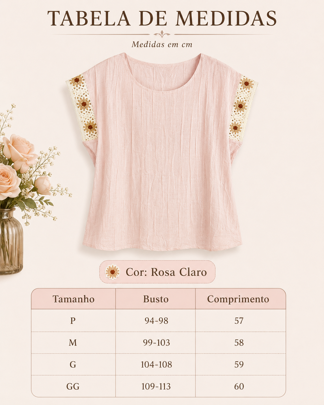 Blusa Em Visco Linho Manga Muscle Bordada Elen Rosa