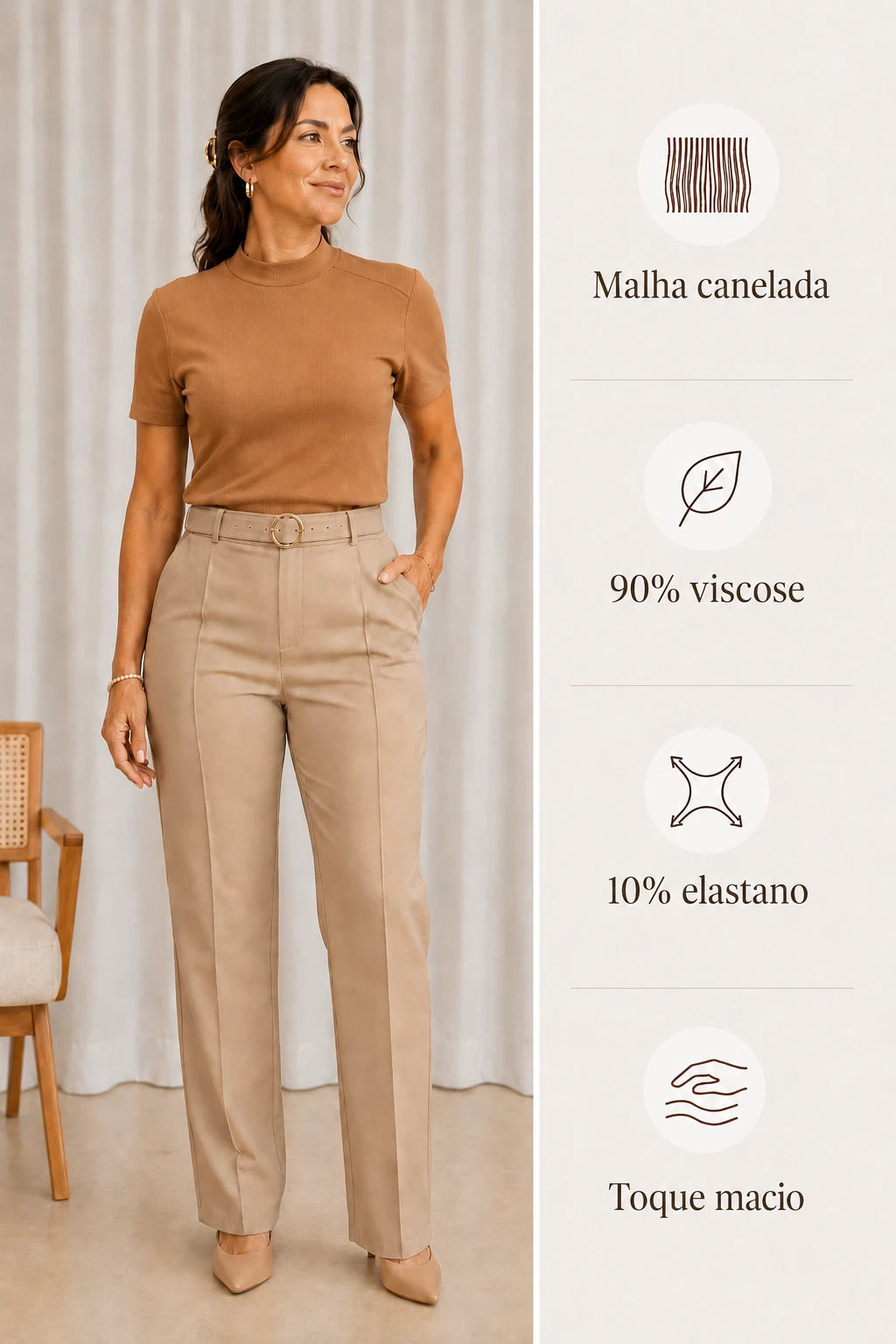 Blusa Malha Canelada que Estica Emília Bege