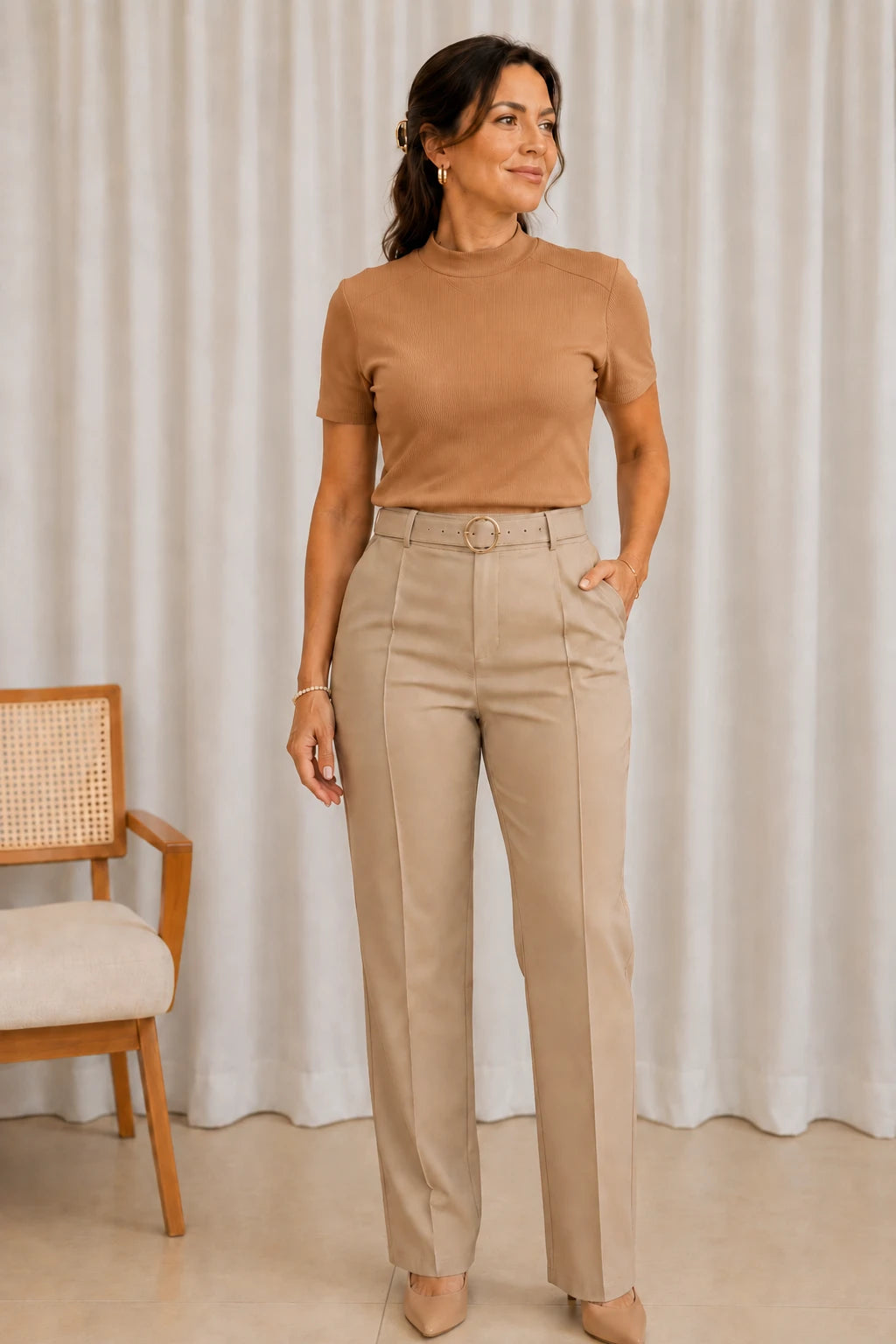 Blusa Malha Canelada que Estica Emília Bege