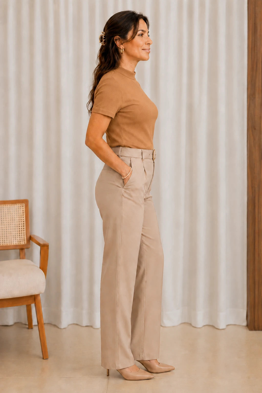 Blusa Malha Canelada que Estica Emília Bege