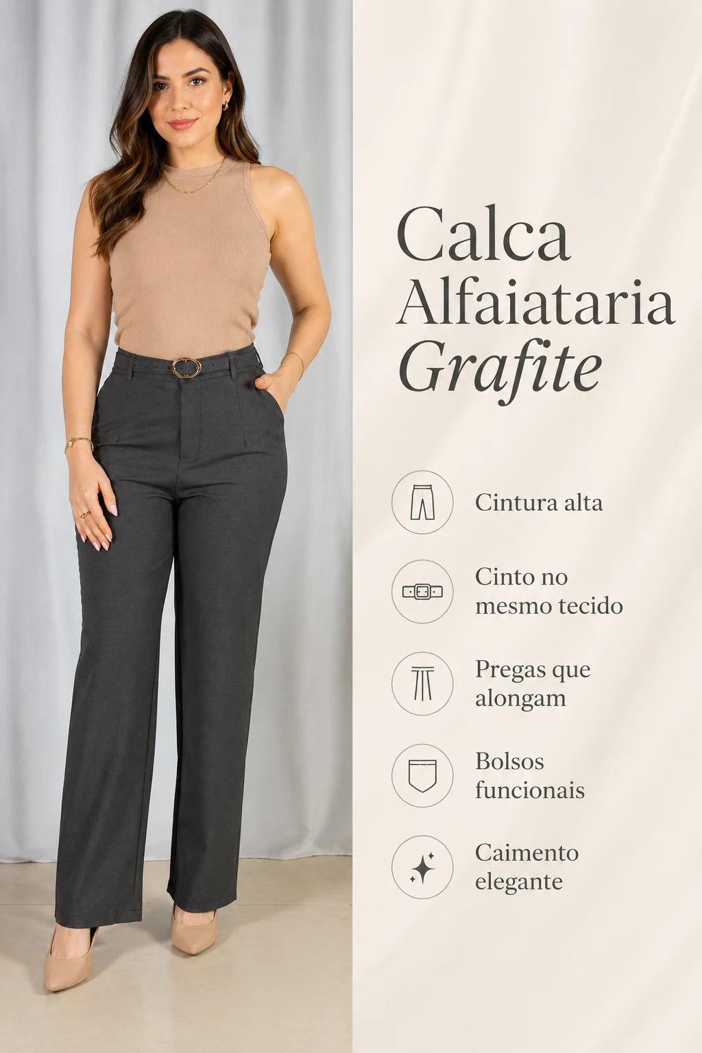 Calça Alfaiataria com Cinto Emma Grafite