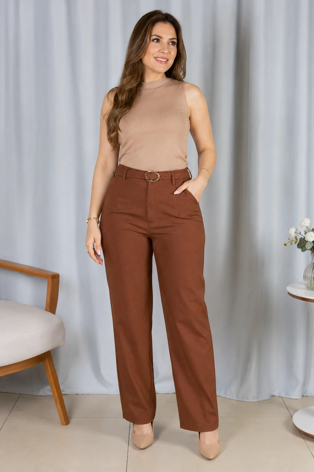 Calça Alfaiataria com Cinto Emma Marrom