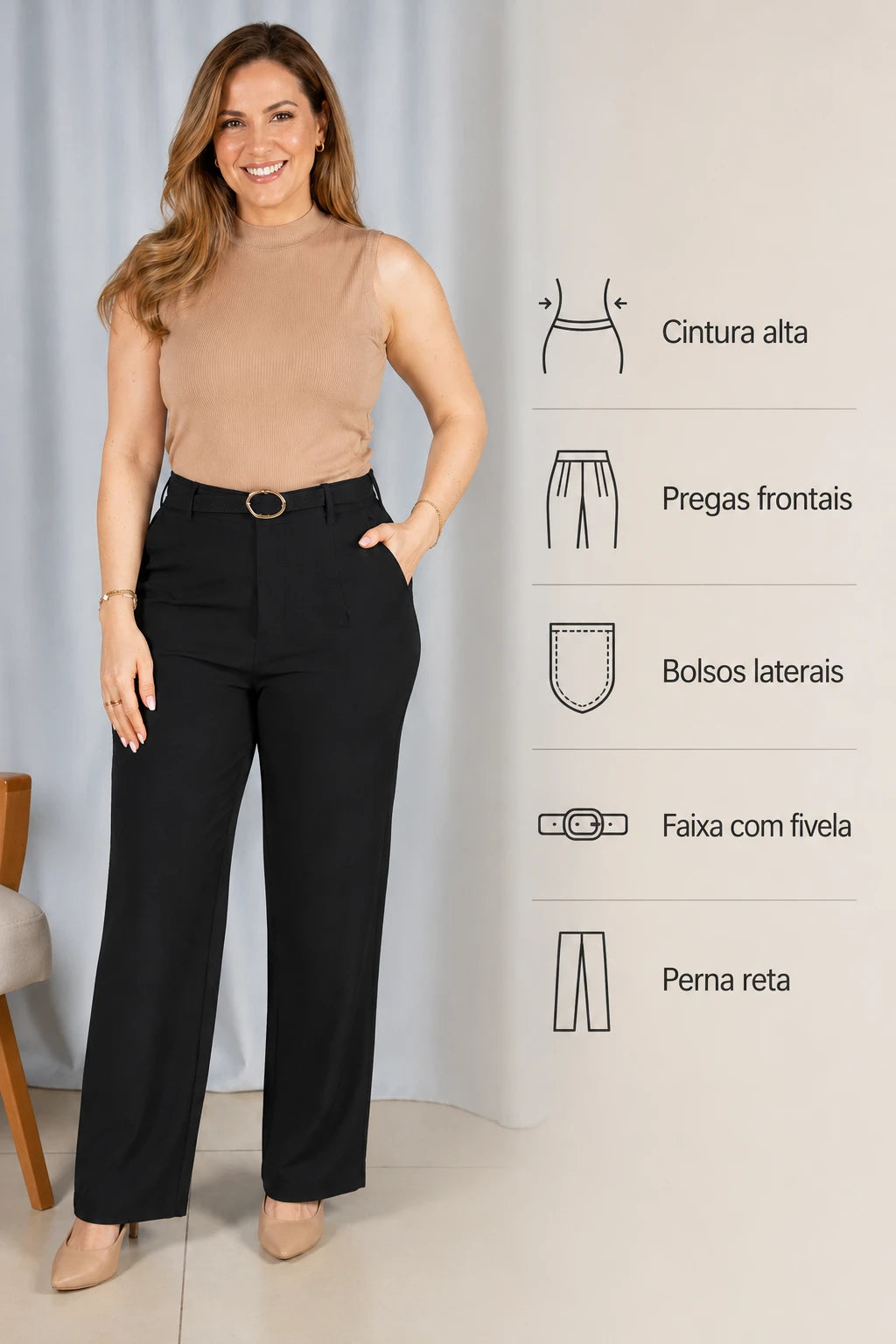 Calça Alfaiataria com Cinto Emma Preta