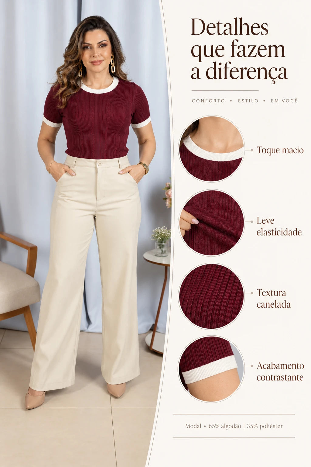Blusa Leve com Detalhes Contrastantes Fernanda Marsala