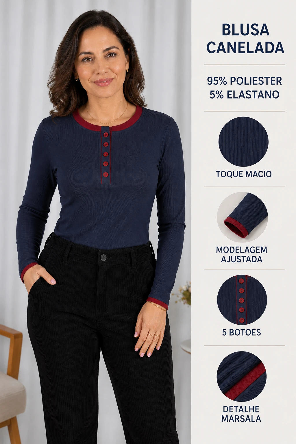 Blusa Cotton Lycra Confortável Helena Azul Marinho