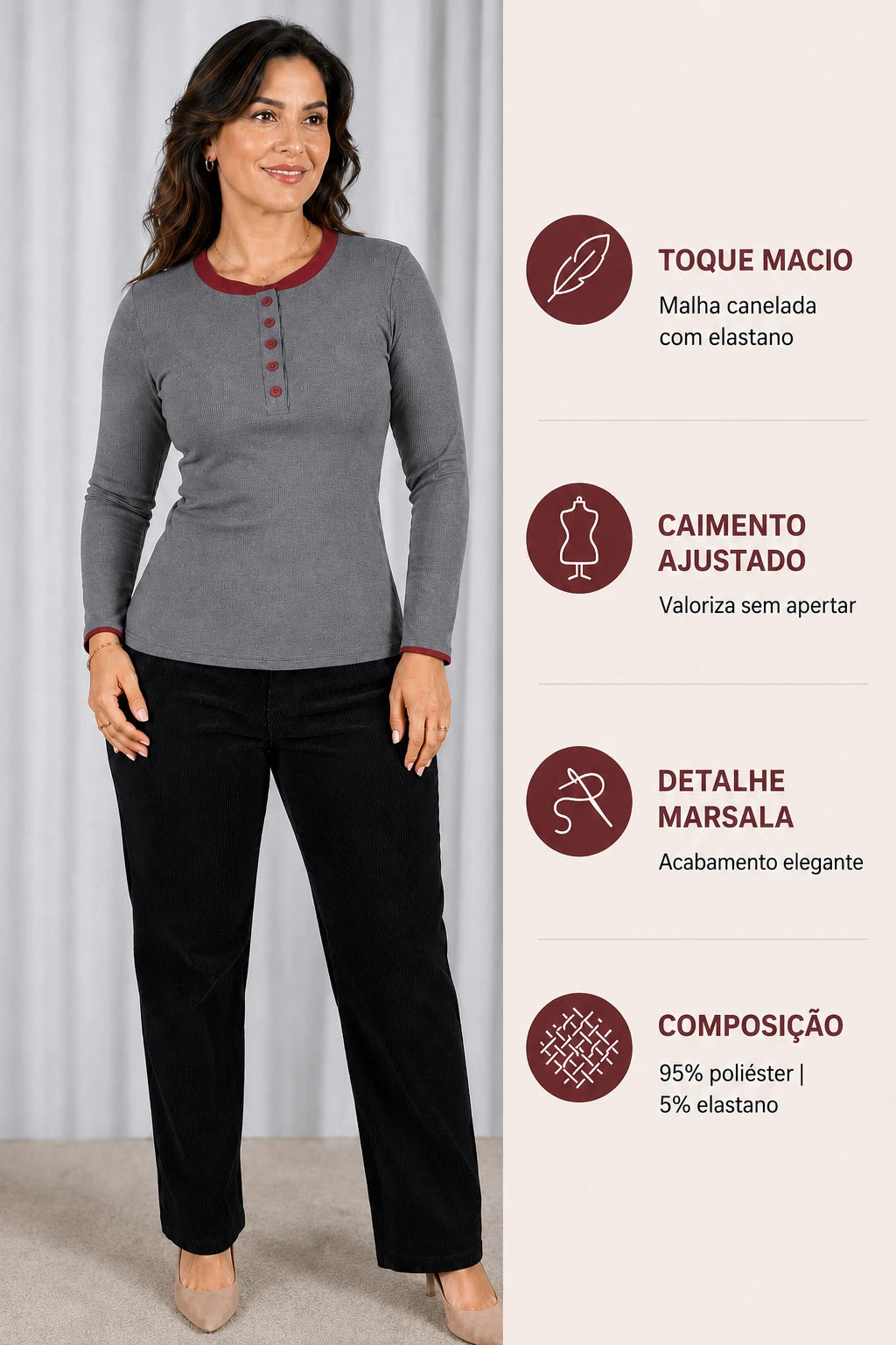 Blusa Cotton Lycra Confortável Helena Cinza