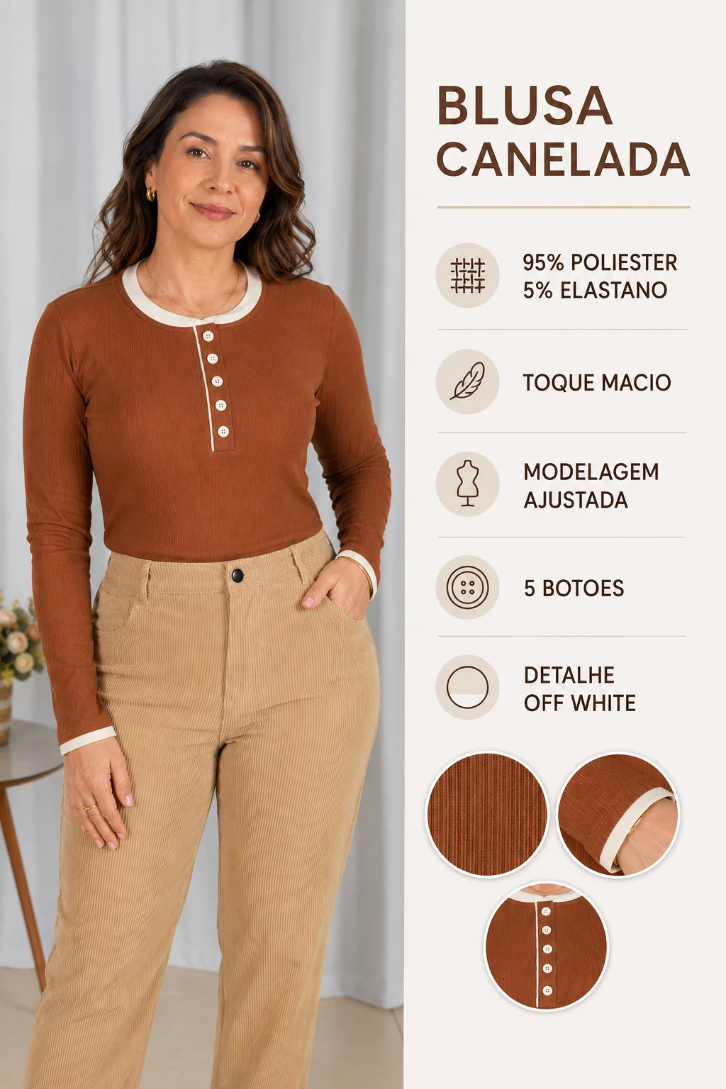 Blusa Cotton Lycra Confortável Helena Marrom