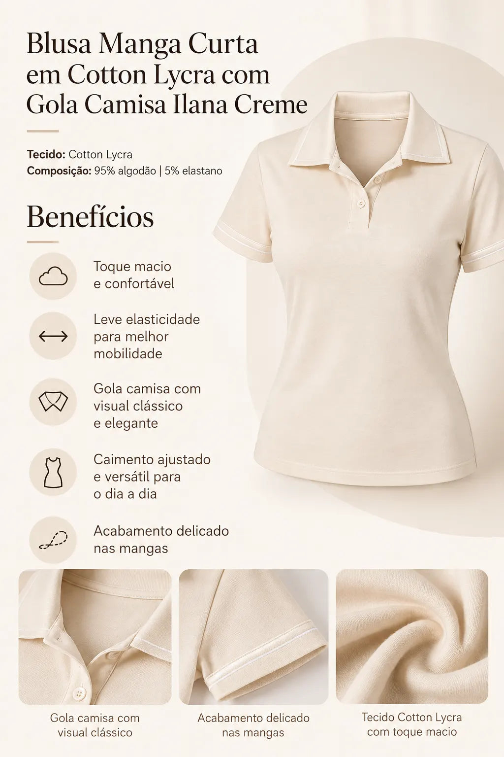 Blusa Manga Curta em Cotton Lycra com Gola Camisa Ilana Creme