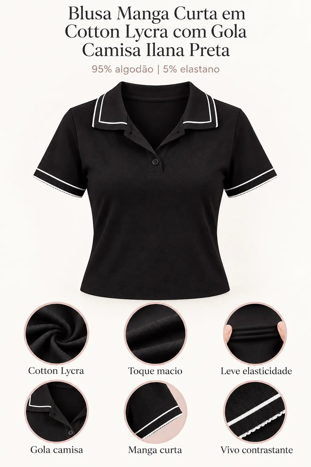Blusa Manga Curta em Cotton Lycra com Gola Camisa Ilana Preta