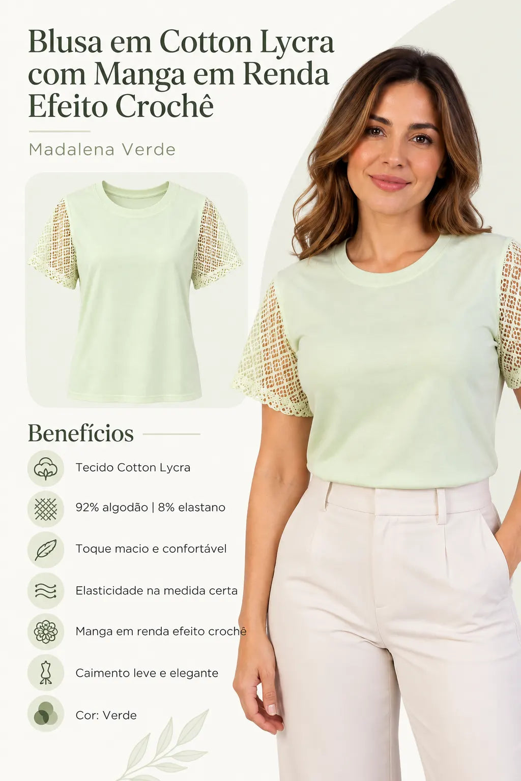 Blusa em Cotton Lycra com Manga em Renda Efeito Crochê Madalena Verde — madalena verde (1).webp