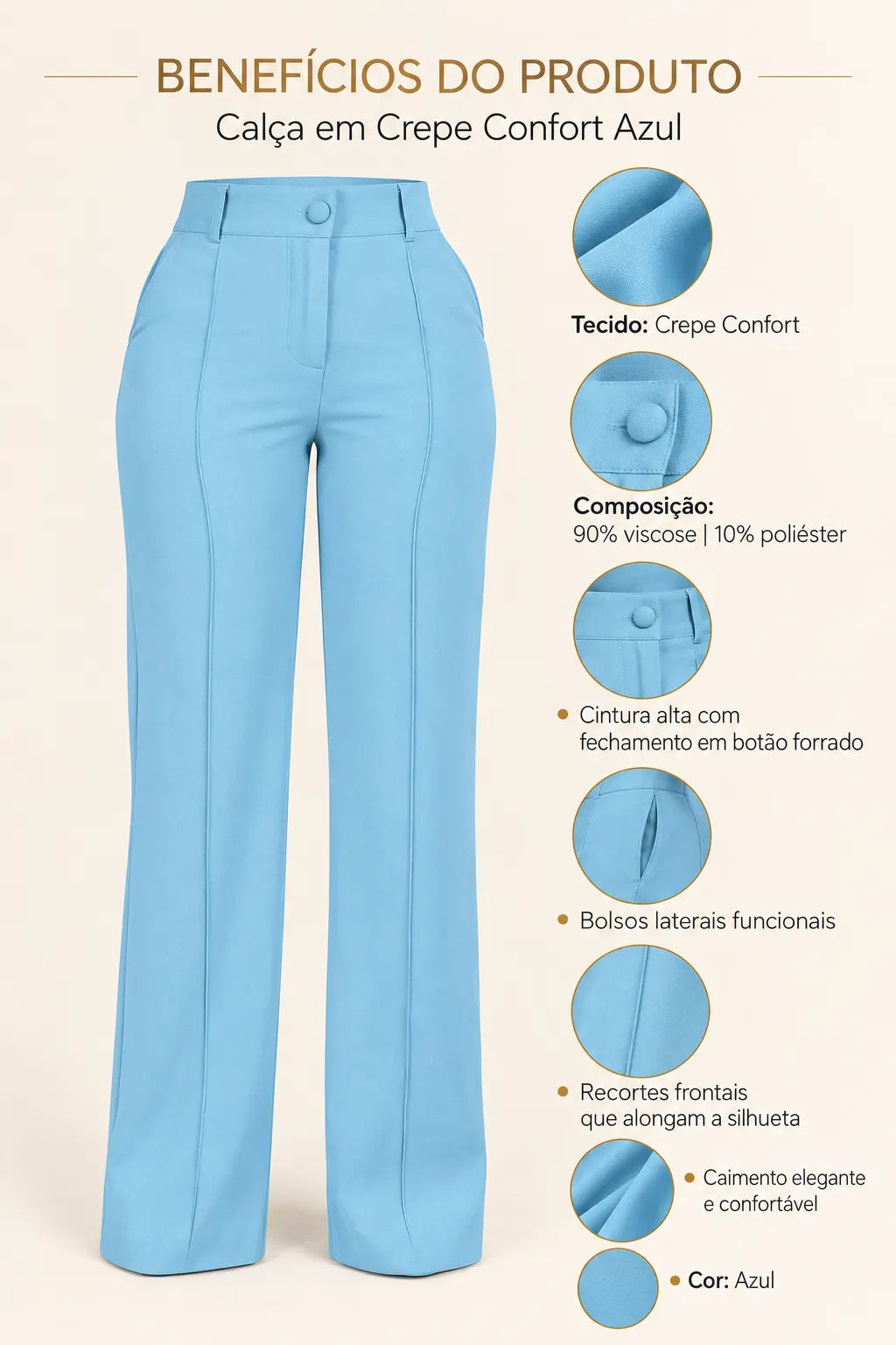 Calça Corte Reto em Crepe Confort Juliane Azul
