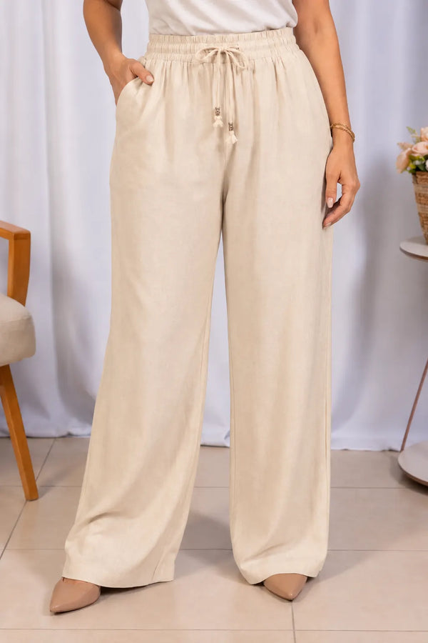 Calça Pantalona em Algodão Rústico com Aplique na Amarração Josefina Creme  — Josefina Creme (9).webp