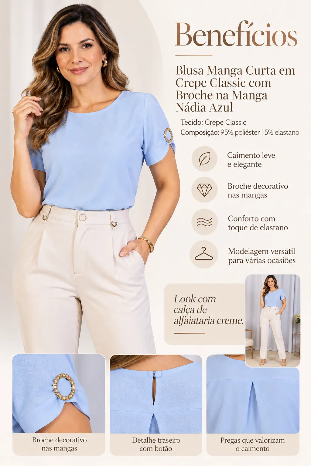 Blusa Manga Curta em Crepe Classic com Broche na Manga Nádia Azul — nadia azul (2).webp