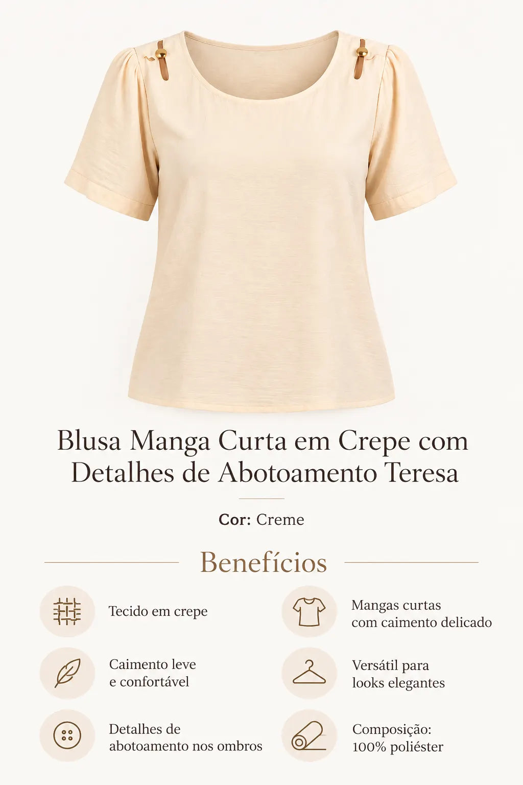 Blusa Manga Curta em Crepe com Detalhes de Abotoamento Teresa Creme