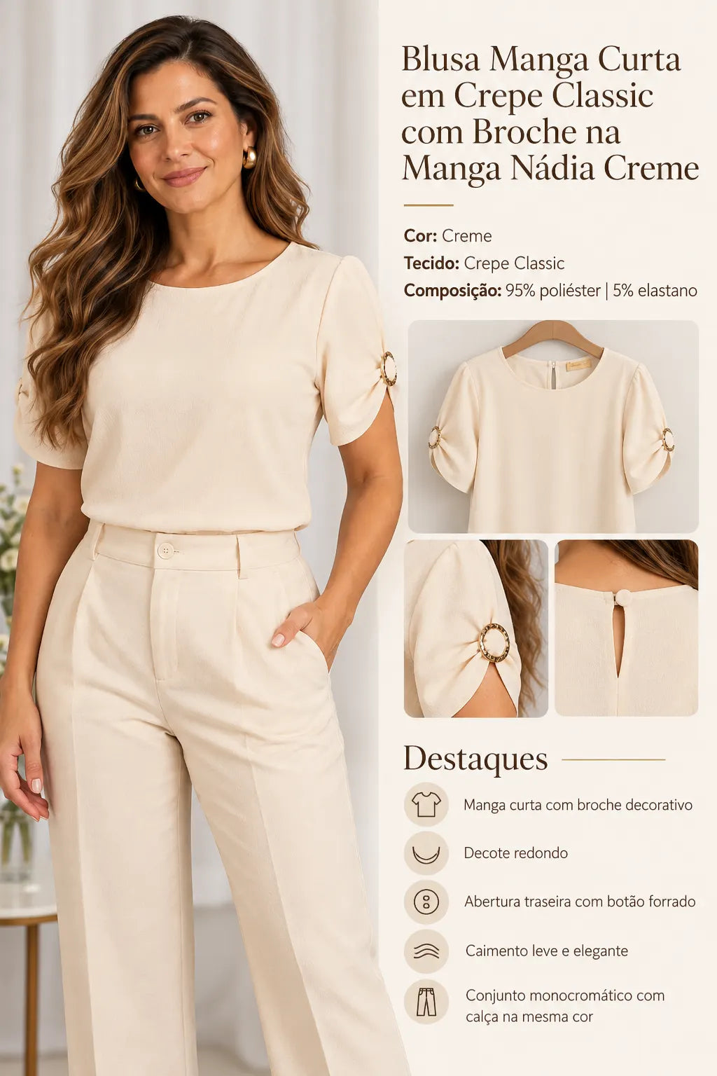 Blusa Manga Curta em Crepe Classic com Broche na Manga Nádia Creme — nadia creme (4).webp