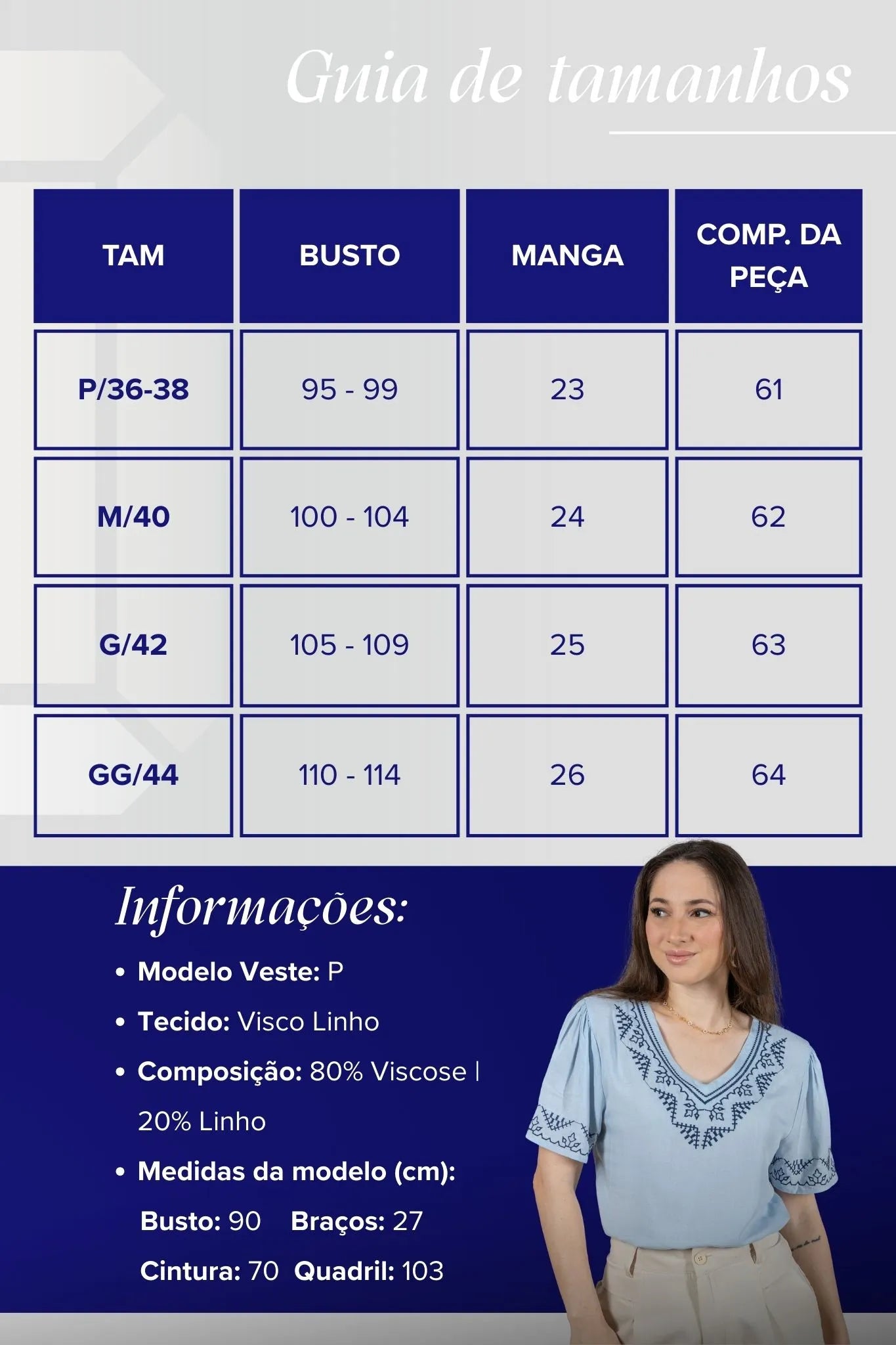 Blusa Manga Curta Detalhe Colo Bordado Visco Linho Jaqueline Azul