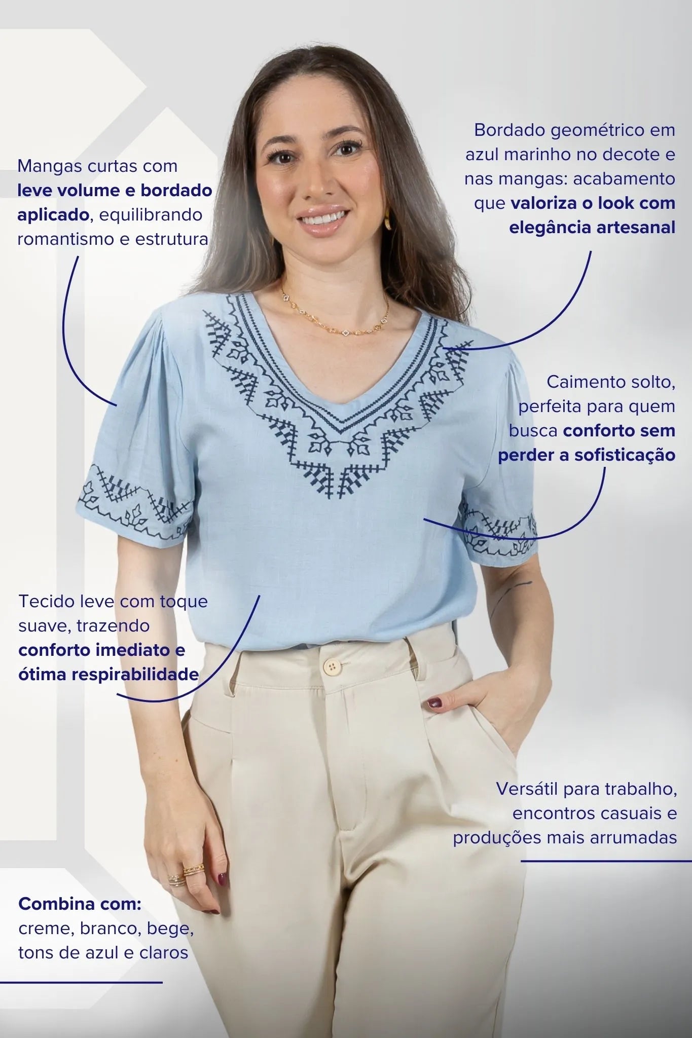 Blusa Manga Curta Detalhe Colo Bordado Visco Linho Jaqueline Azul