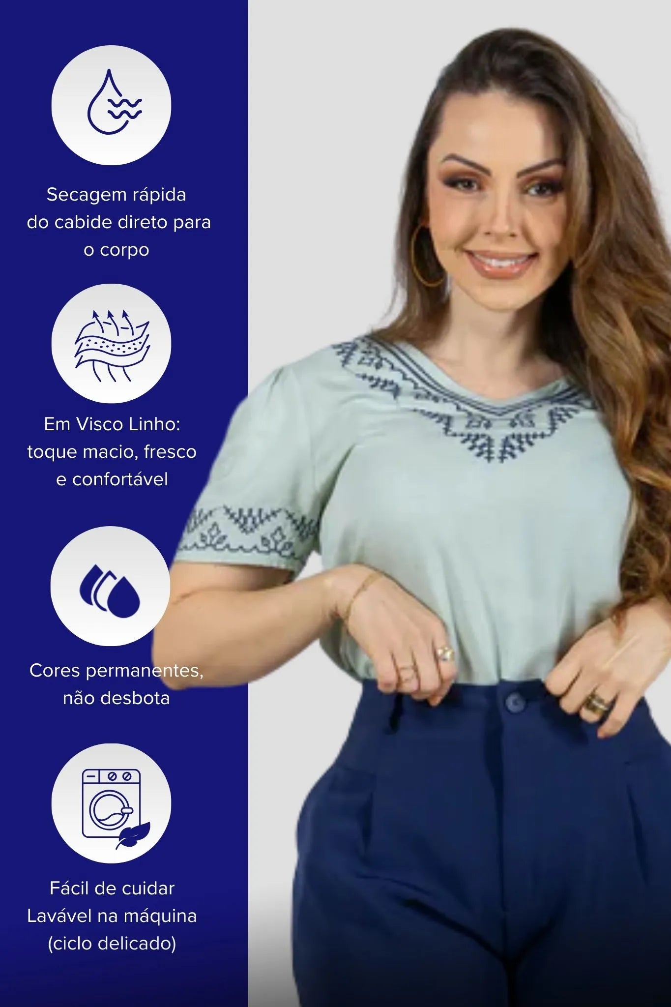 Blusa Manga Curta Detalhe Colo Bordado Visco Linho Jaqueline Verde