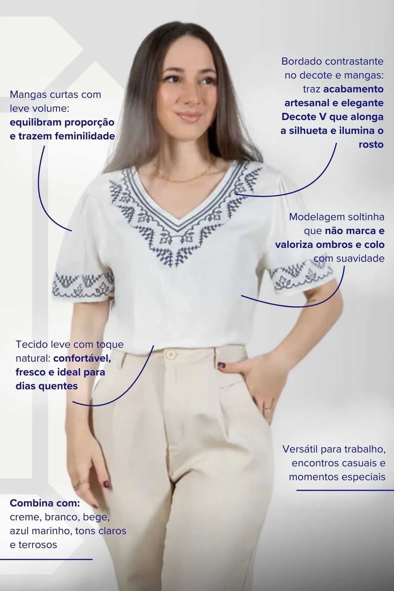 Blusa Manga Curta Detalhe Colo Bordado Visco Linho Jaqueline Branca