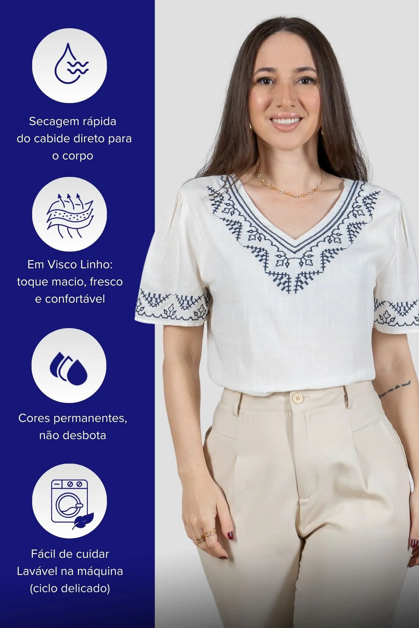 Blusa Manga Curta Detalhe Colo Bordado Visco Linho Jaqueline Branca