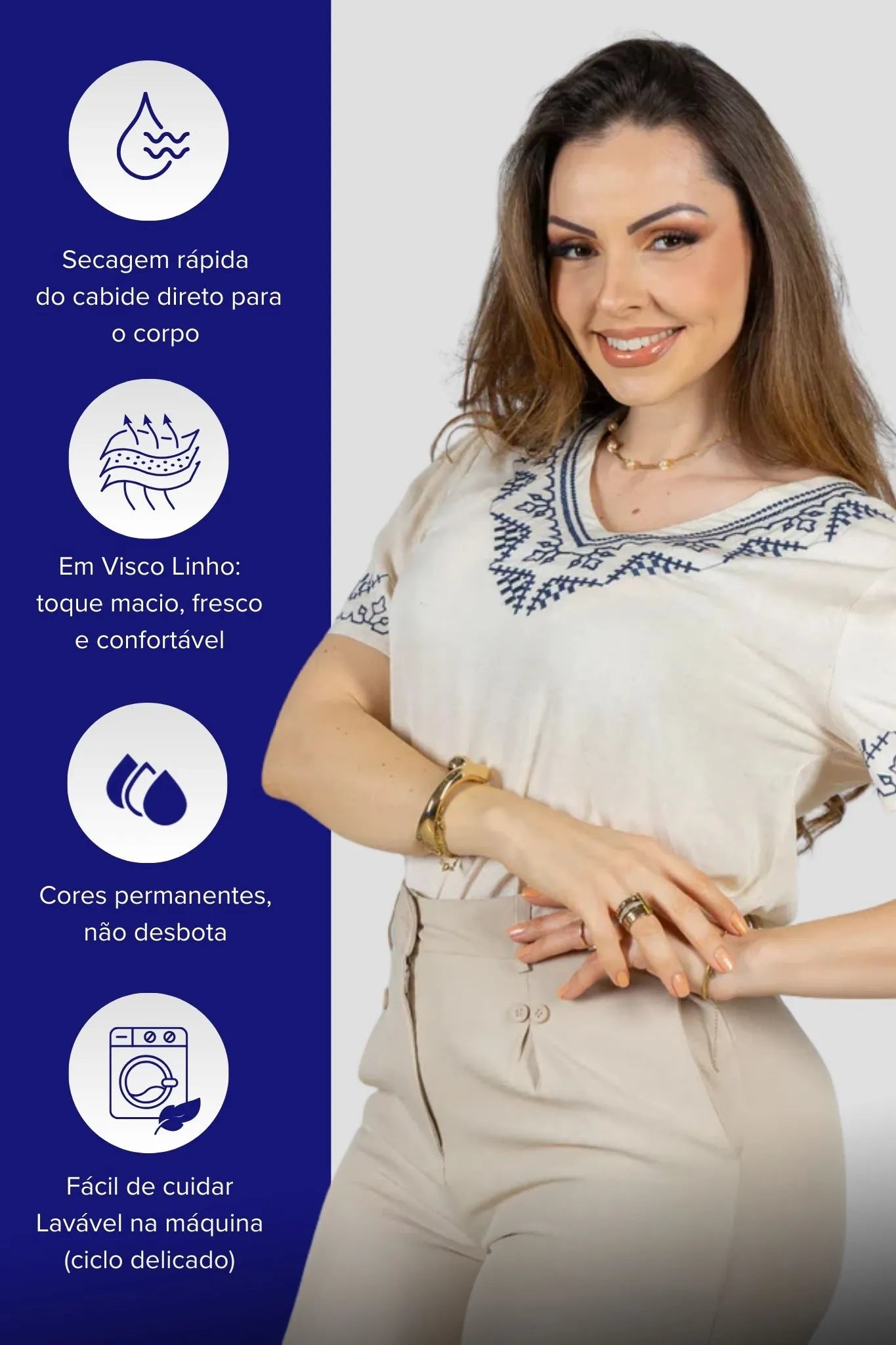 Blusa Manga Curta Detalhe Colo Bordado Visco Linho Jaqueline Creme