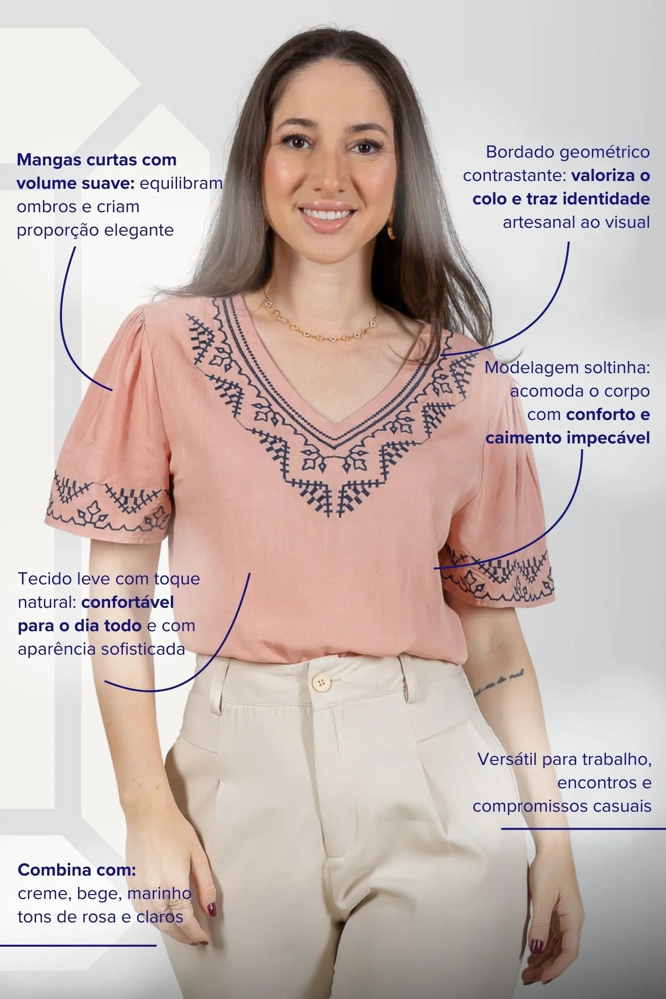 Blusa Manga Curta Detalhe Colo Bordado Visco Linho Jaqueline Rosa