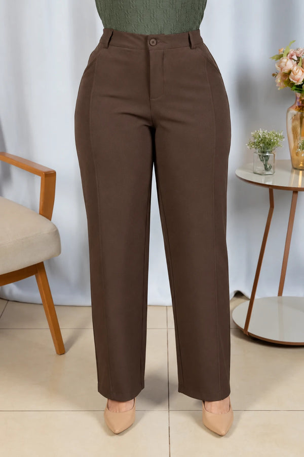 Calça Alfaiataria Corte Reto Friso Joyce Marrom