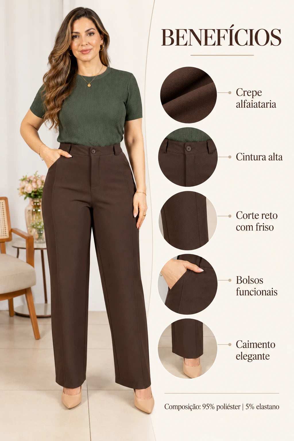 Calça Alfaiataria Corte Reto Friso Joyce Marrom