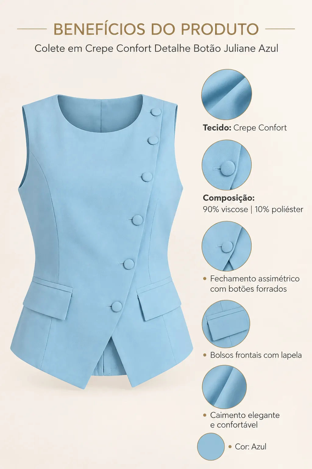 Colete em Crepe Confort Detalhe Botão Juliane Azul