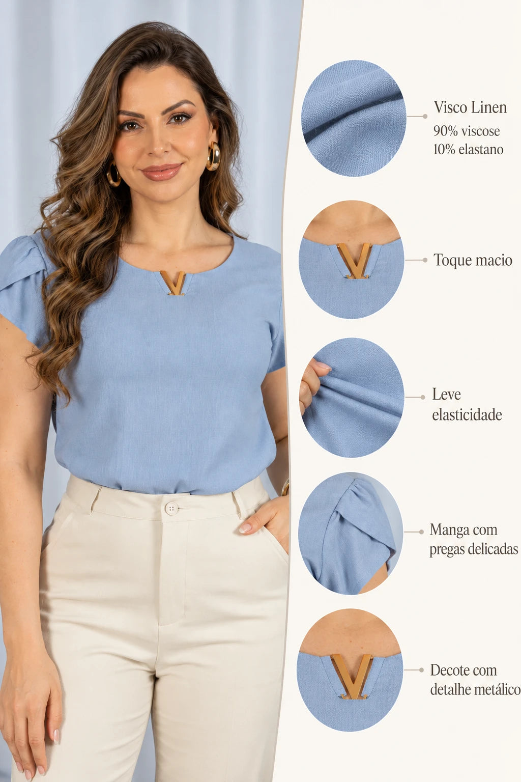 Blusa Manga Curta Transpassada Decote V Laiara Azul