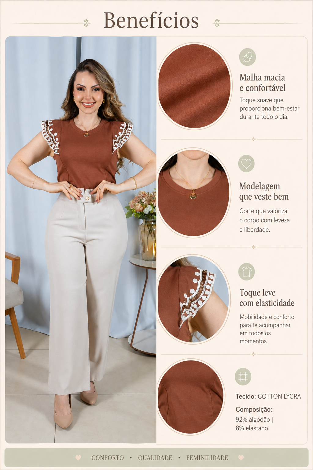 Blusa Cotton Lycra Muscle com Bordado Delicado Laís Marrom