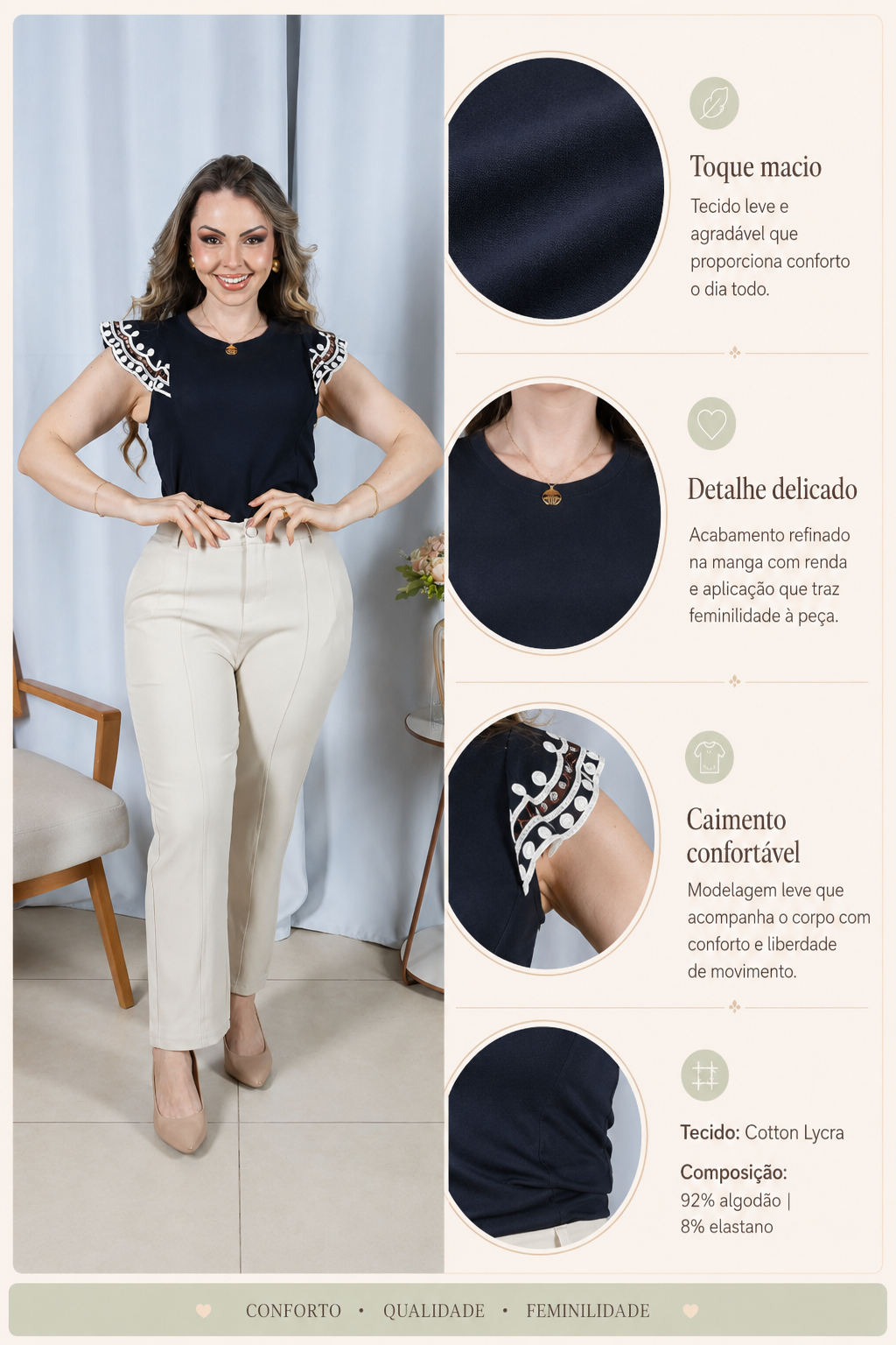 Blusa Cotton Lycra Muscle com Bordado Delicado Laís Preta