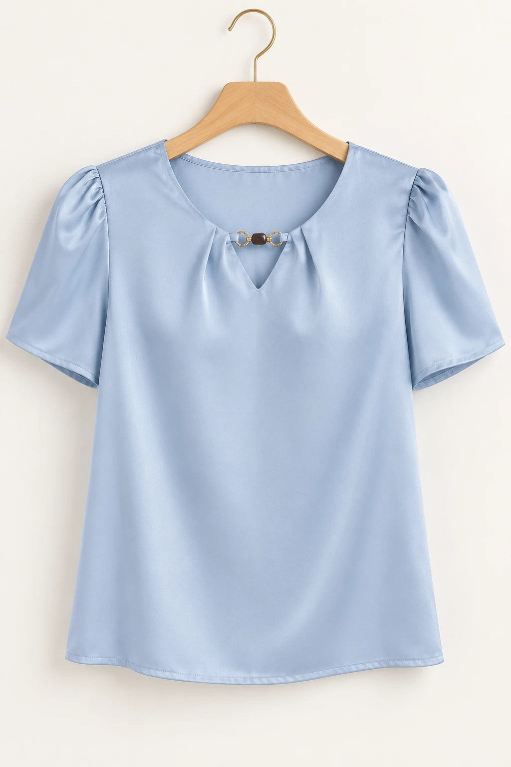 Blusa Manga Curta Poly Silk Detalhe Colo Lauane Azul