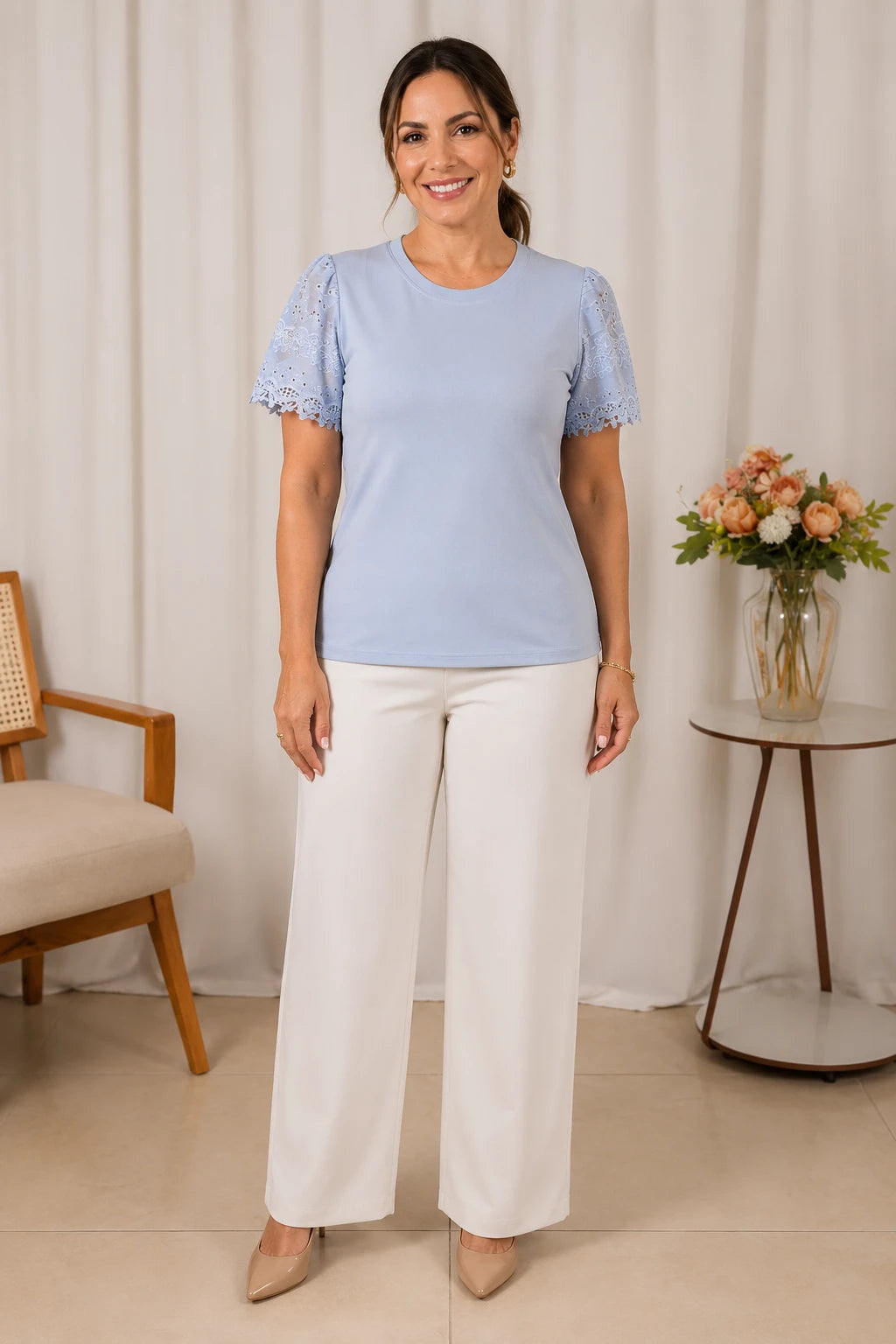 Blusa Cotton Lycra com Manga Delicada Leia Azul