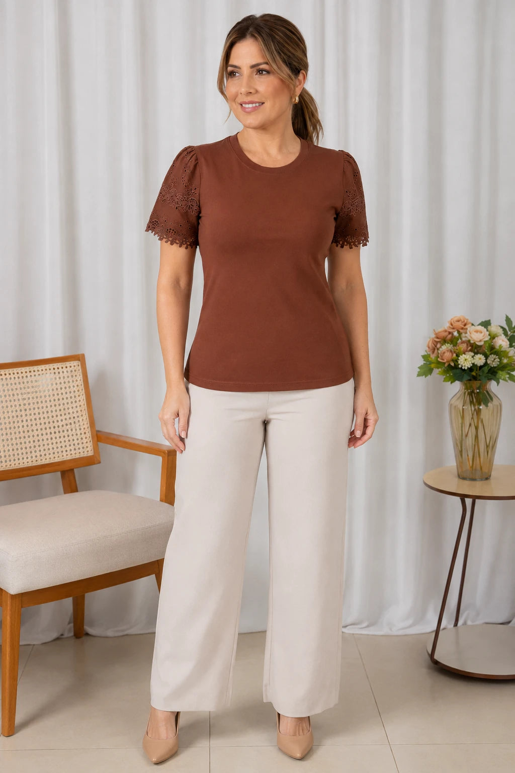 Blusa Cotton Lycra com Manga Delicada Leia Marrom