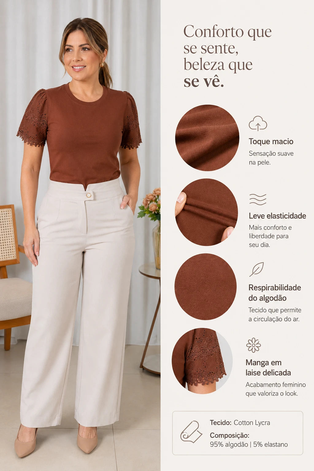 Blusa Cotton Lycra com Manga Delicada Leia Marrom