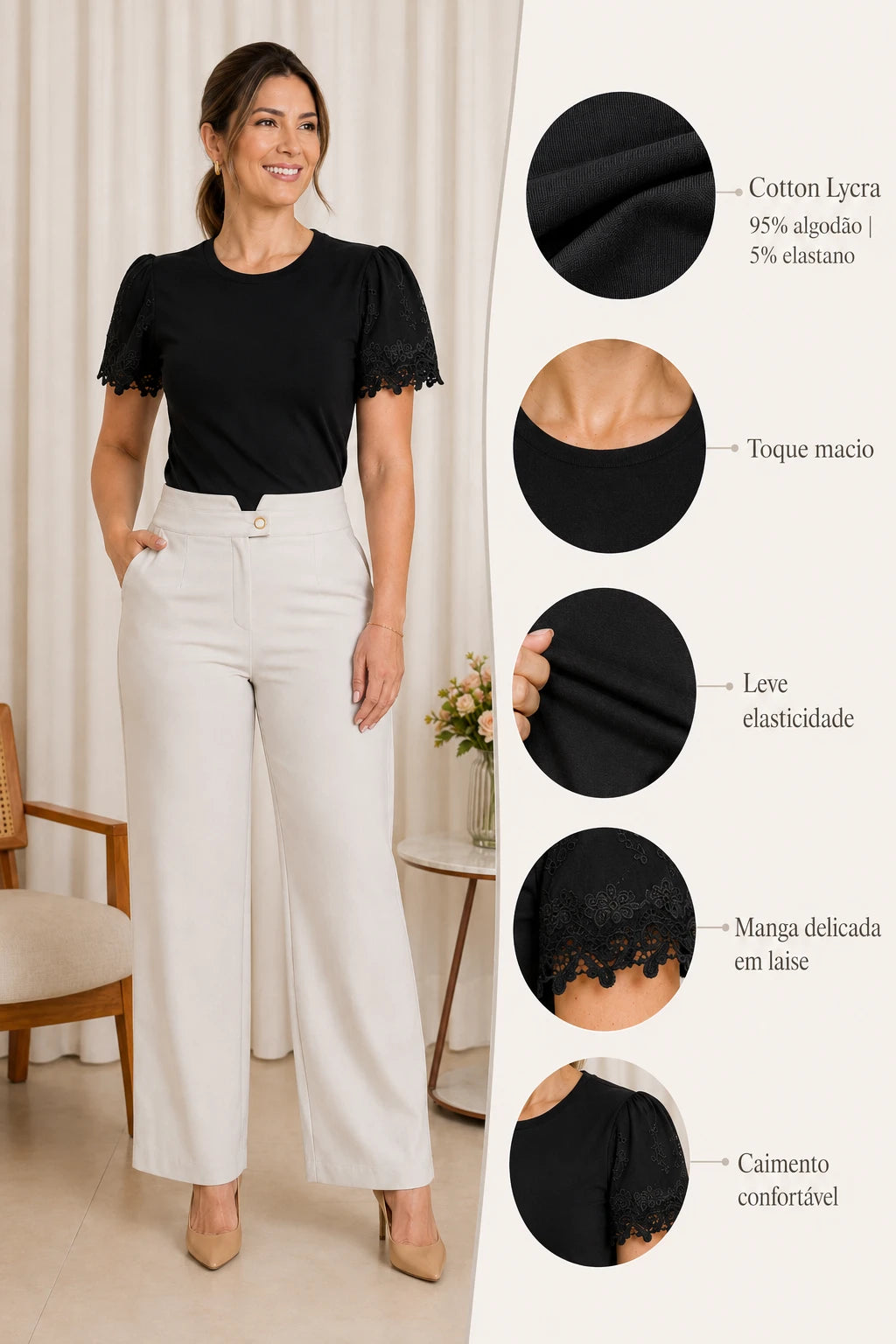 Blusa Cotton Lycra com Manga Delicada Leia Preta